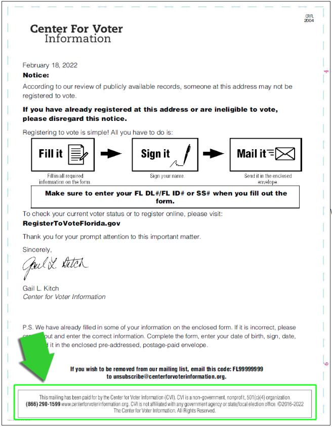 Center for Voter Information Mailing example